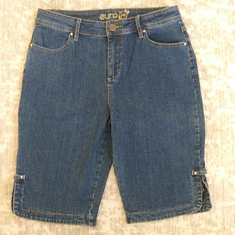 Euro Embellished Bermuda Jean Shorts 10 Blue Faux Rhinestone